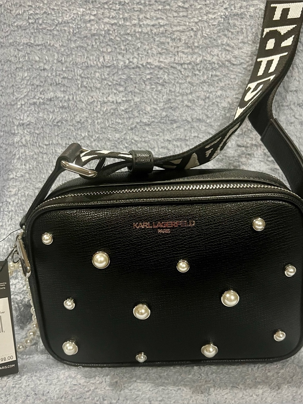 Karl Lagerfeld Black Pearl-Embellished Crossbody Bag